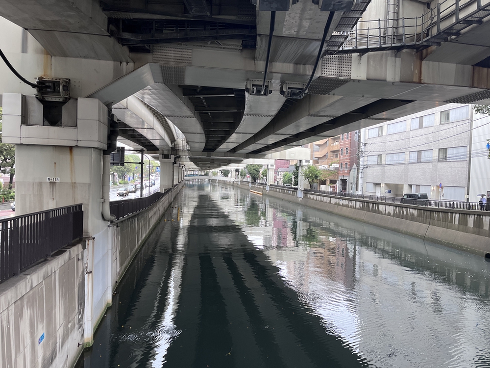 Ein Fluss in Tokio mit einer Autobahn darüber und Gebäuden links und rechts.
